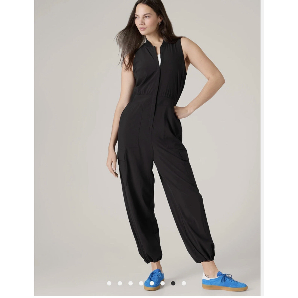 Athleta Brooklyn‎ Utility Jumpsuit 10 Black Racerback Zip Pockets Cinch Ankle